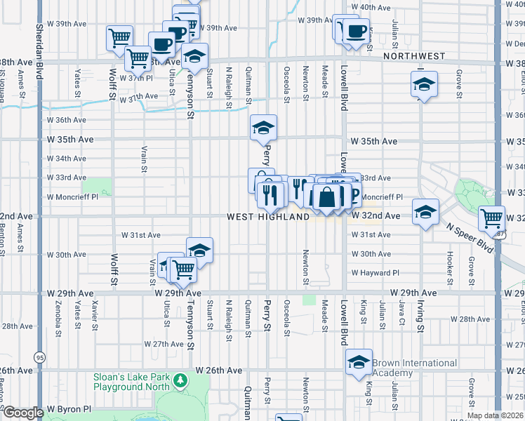 map of restaurants, bars, coffee shops, grocery stores, and more near 4001 West 32nd Avenue in Denver