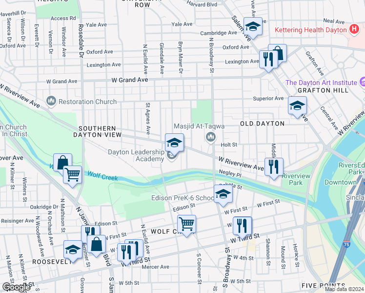 map of restaurants, bars, coffee shops, grocery stores, and more near 1416 West Riverview Avenue in Dayton