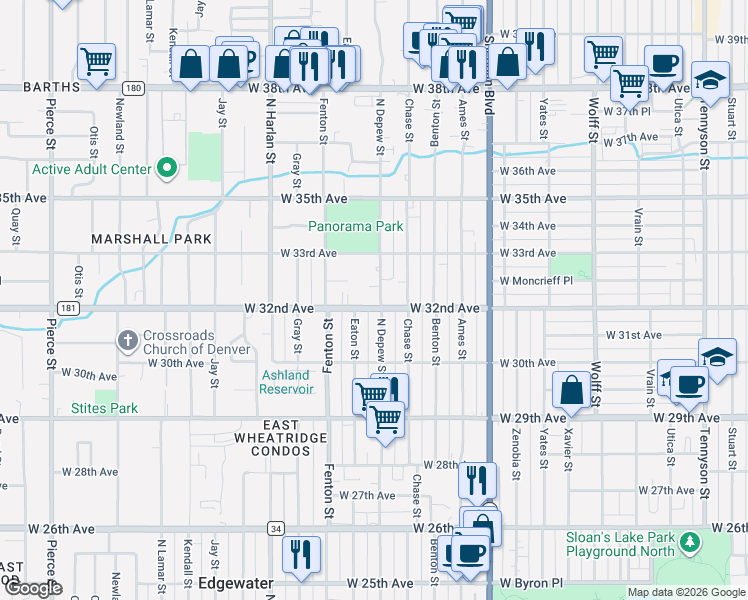 map of restaurants, bars, coffee shops, grocery stores, and more near 5503 West 32nd Avenue in Wheat Ridge