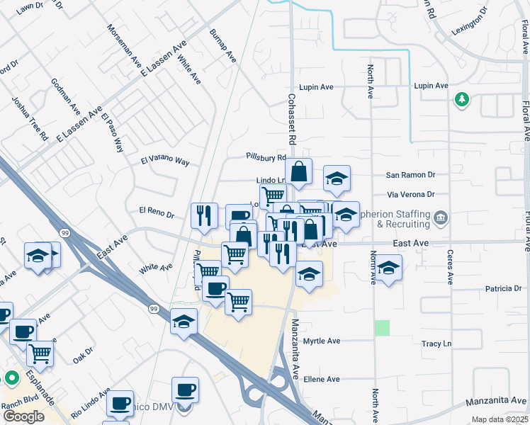 map of restaurants, bars, coffee shops, grocery stores, and more near 793 Portal Drive in Chico