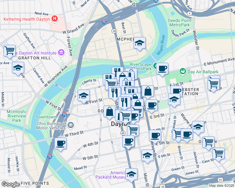 map of restaurants, bars, coffee shops, grocery stores, and more near 20 West First Street in Dayton