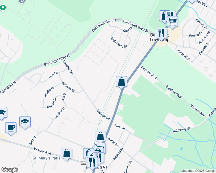 map of restaurants, bars, coffee shops, grocery stores, and more near 295 Hawthorne Lane in Barnegat Township