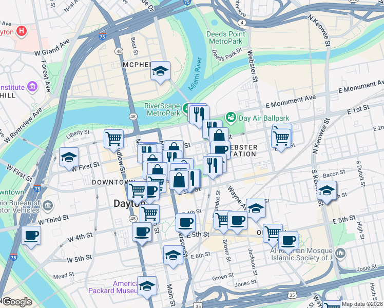 map of restaurants, bars, coffee shops, grocery stores, and more near 157e East 2nd Street in Dayton