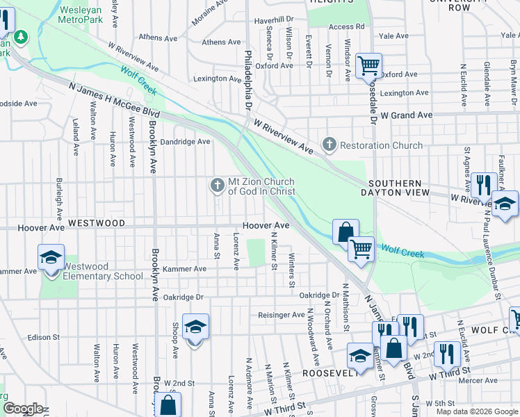 map of restaurants, bars, coffee shops, grocery stores, and more near 2407 Hoover Avenue in Dayton