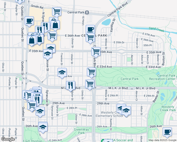 map of restaurants, bars, coffee shops, grocery stores, and more near 8301 Martin Luther King Junior Boulevard in Denver