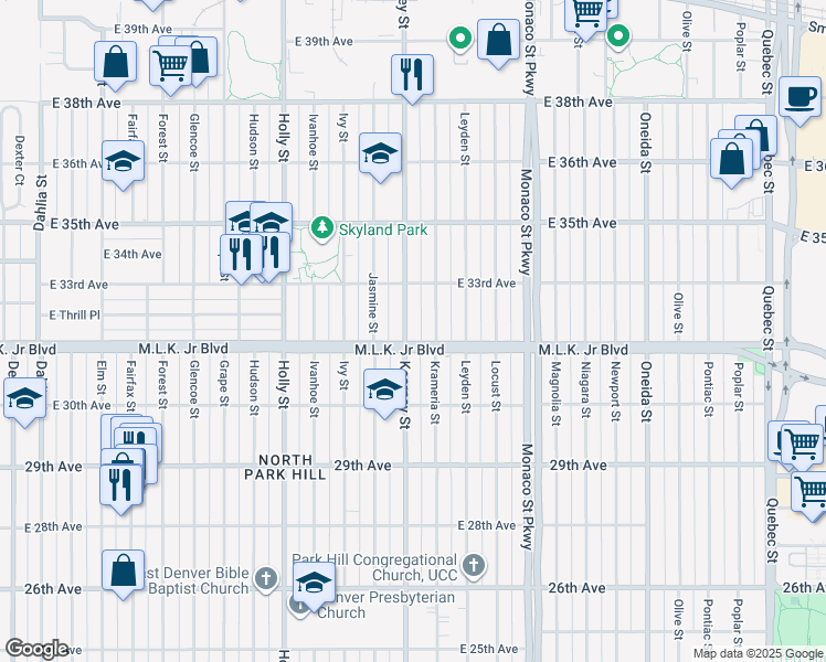 map of restaurants, bars, coffee shops, grocery stores, and more near 6101 Martin Luther King Junior Boulevard in Denver