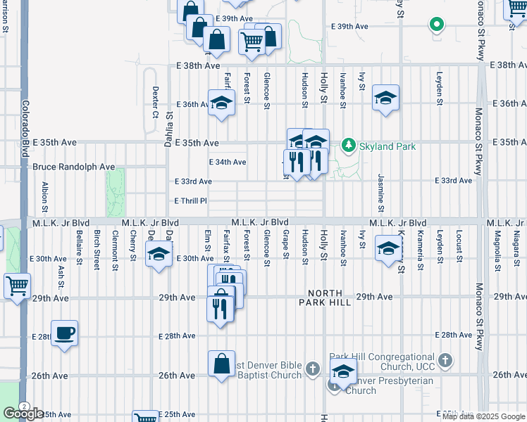 map of restaurants, bars, coffee shops, grocery stores, and more near 5223 Martin Luther King Junior Boulevard in Denver