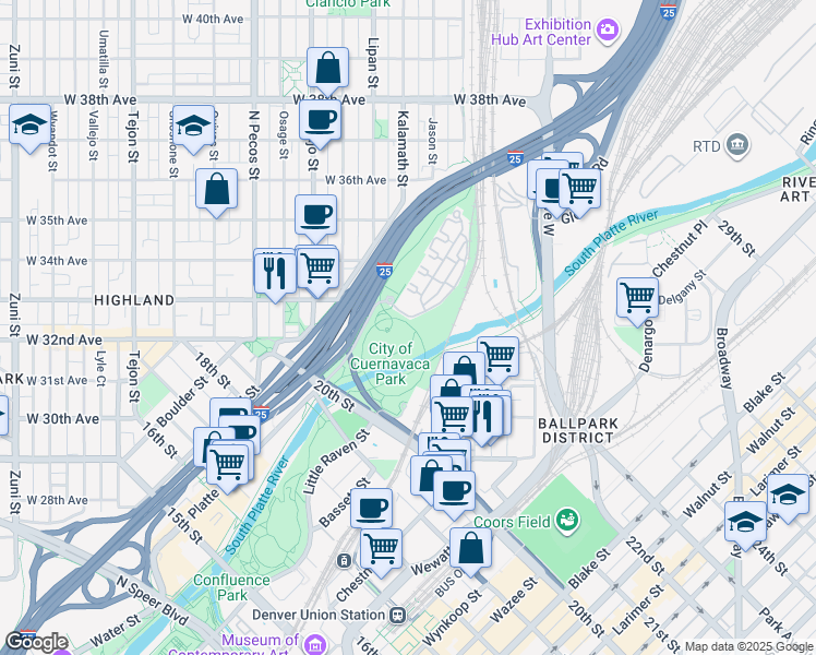 map of restaurants, bars, coffee shops, grocery stores, and more near 3100 Santa Fe Street in Denver