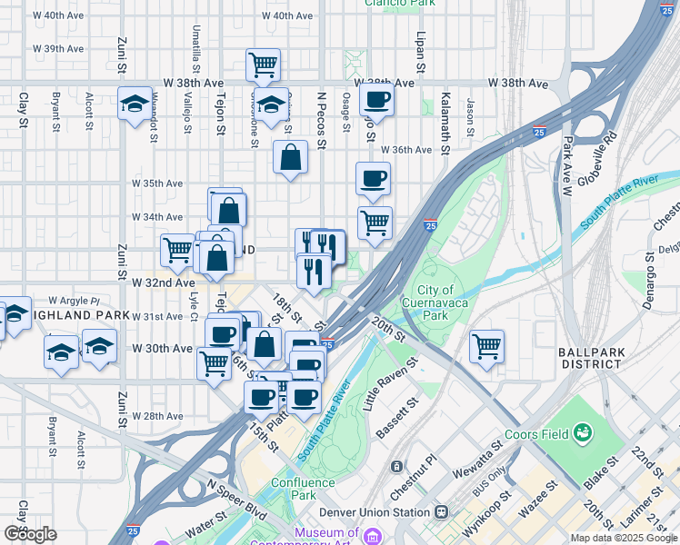 map of restaurants, bars, coffee shops, grocery stores, and more near in Denver