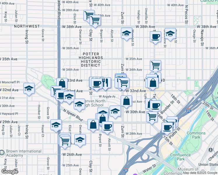 map of restaurants, bars, coffee shops, grocery stores, and more near 2519 West 32nd Avenue in Denver
