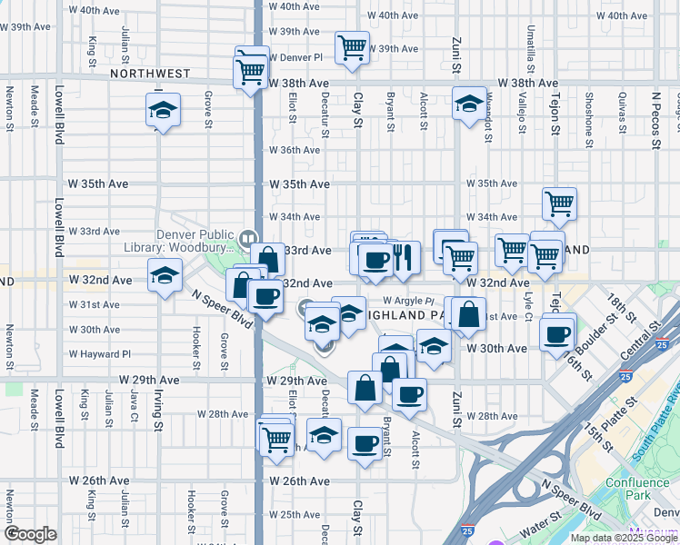 map of restaurants, bars, coffee shops, grocery stores, and more near in Denver