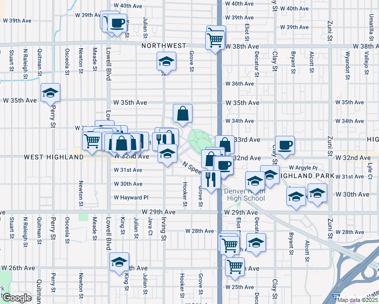 map of restaurants, bars, coffee shops, grocery stores, and more near 3178 Speer Boulevard in Denver