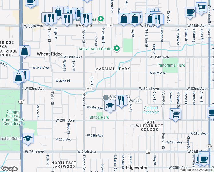 map of restaurants, bars, coffee shops, grocery stores, and more near 3190 Newland Street in Wheat Ridge