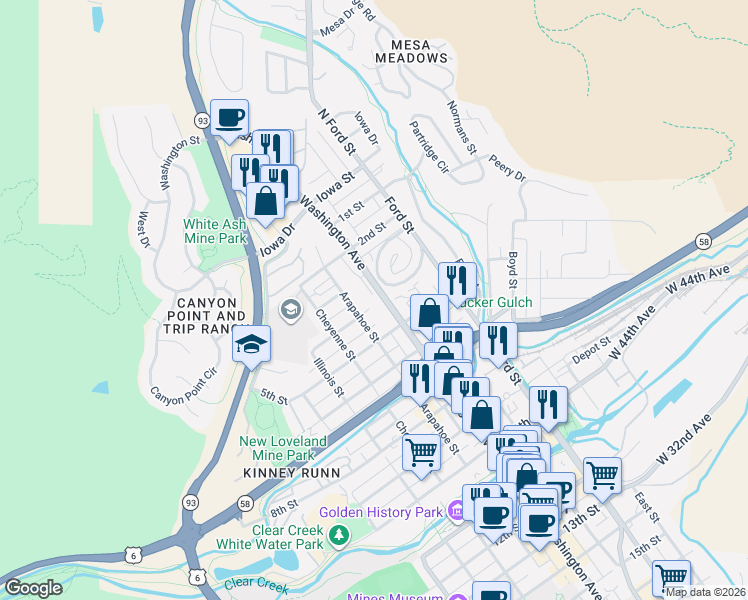 map of restaurants, bars, coffee shops, grocery stores, and more near 408 Washington Avenue in Golden