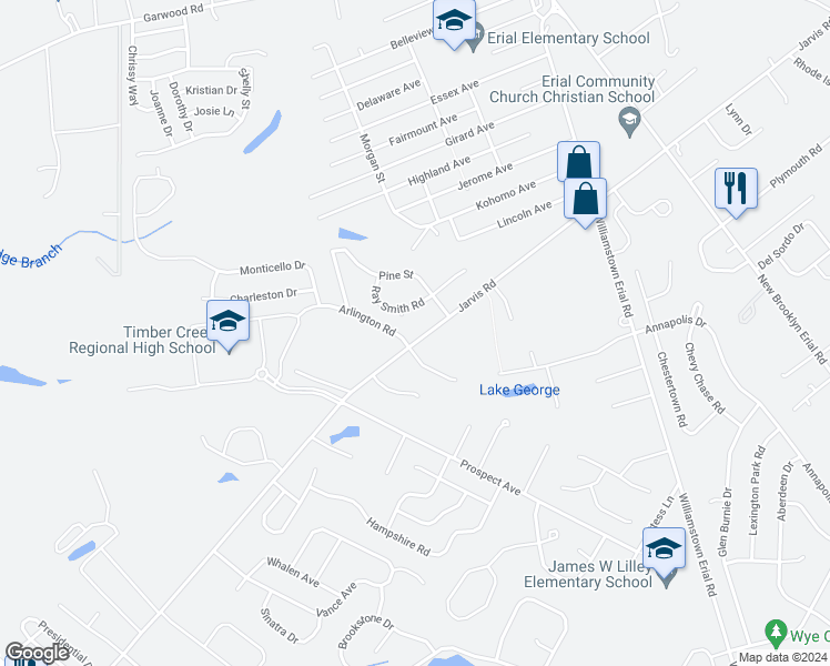 map of restaurants, bars, coffee shops, grocery stores, and more near 614 Jarvis Road in Sicklerville