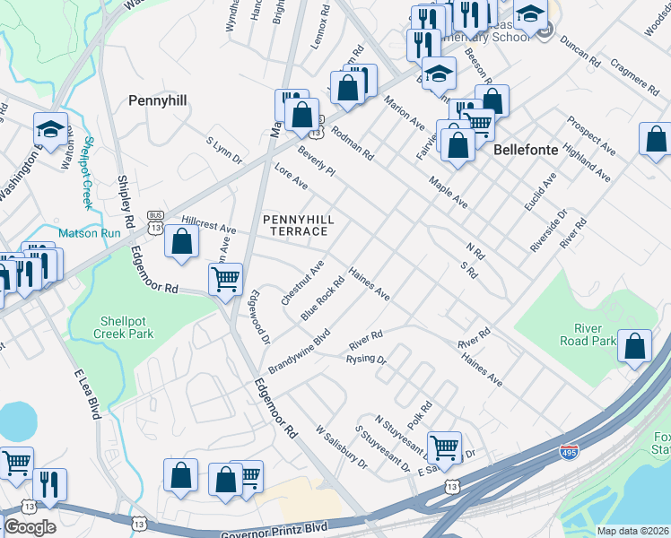 map of restaurants, bars, coffee shops, grocery stores, and more near 802 Haines Avenue in Wilmington