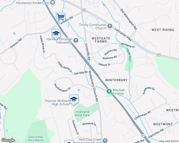 map of restaurants, bars, coffee shops, grocery stores, and more near 99 McKennans Church Road in Wilmington