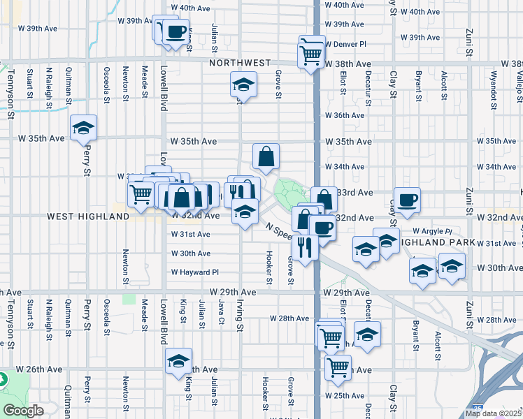 map of restaurants, bars, coffee shops, grocery stores, and more near 3198 Speer Boulevard in Denver