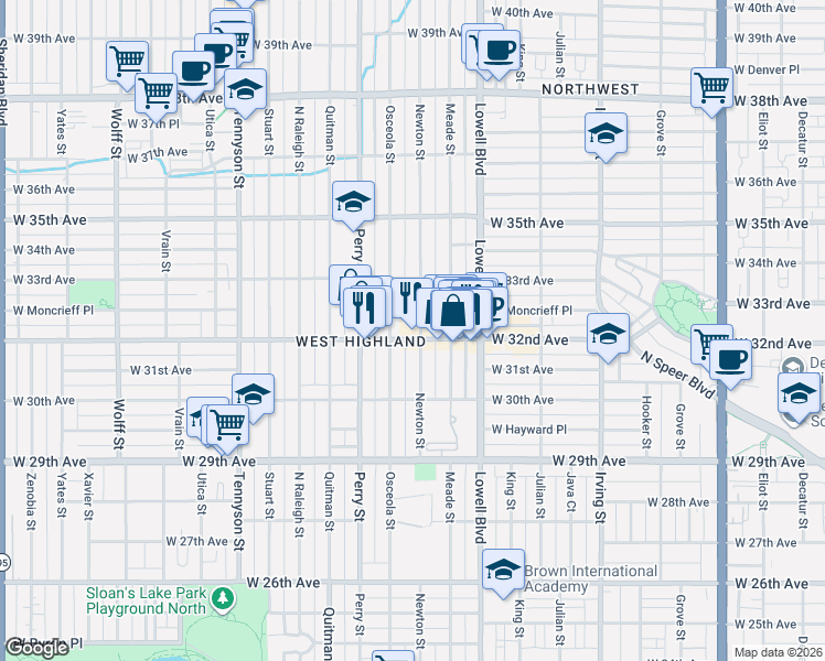 map of restaurants, bars, coffee shops, grocery stores, and more near 3221 Newton Street in Denver