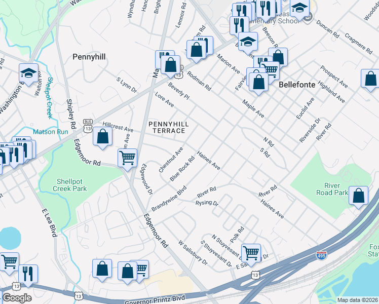 map of restaurants, bars, coffee shops, grocery stores, and more near 802 Haines Avenue in Wilmington