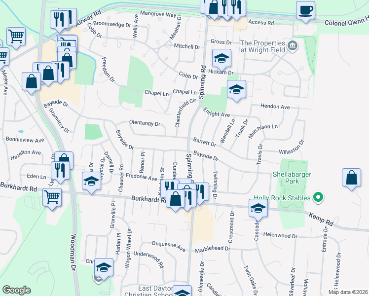 map of restaurants, bars, coffee shops, grocery stores, and more near 5430 Bayside Drive in Dayton