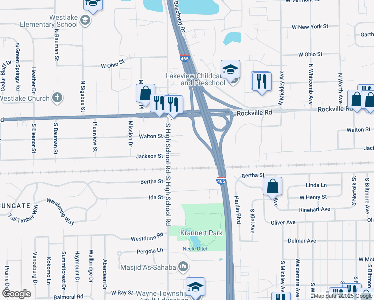 map of restaurants, bars, coffee shops, grocery stores, and more near 115 South High School Road in Indianapolis