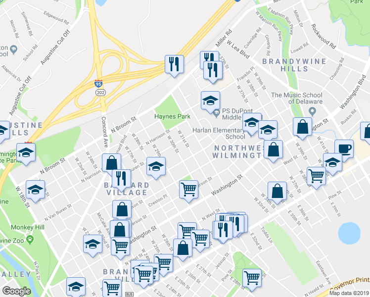 map of restaurants, bars, coffee shops, grocery stores, and more near 3011 North Monroe Street in Wilmington