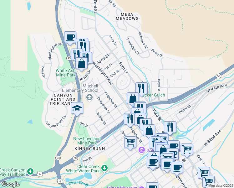 map of restaurants, bars, coffee shops, grocery stores, and more near 322 Washington Avenue in Golden