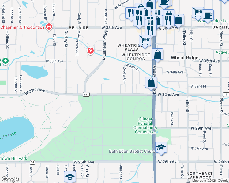 map of restaurants, bars, coffee shops, grocery stores, and more near 8075 West 32nd Avenue in Wheat Ridge