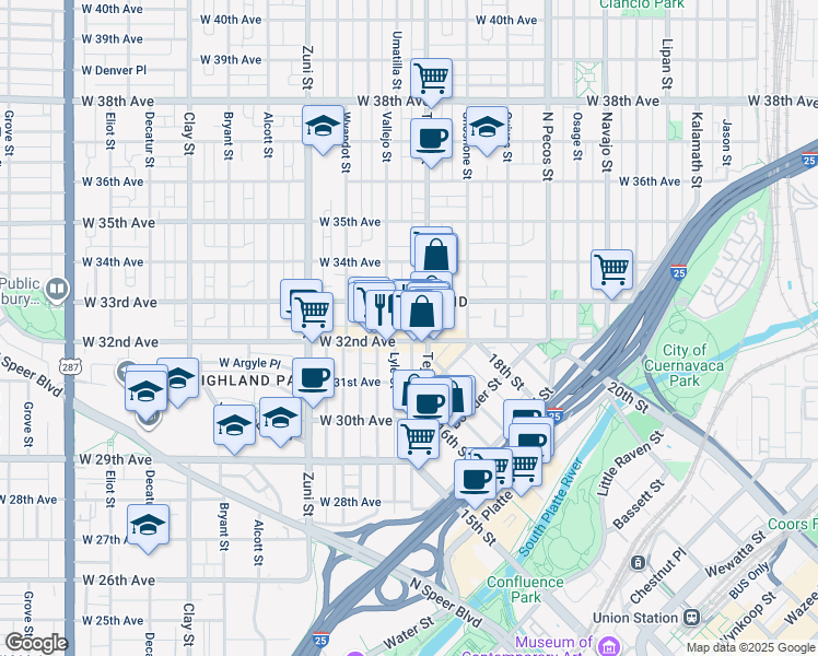 map of restaurants, bars, coffee shops, grocery stores, and more near 3215 Tejon Street in Denver