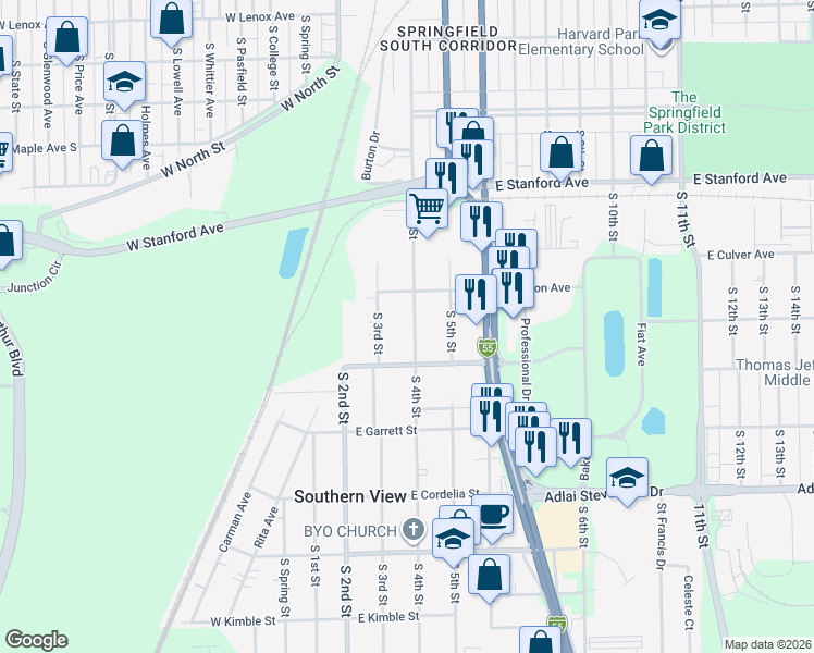 map of restaurants, bars, coffee shops, grocery stores, and more near 2900-2998 S 3rd St in Southern View