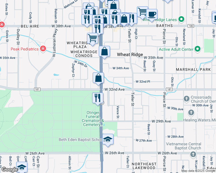 map of restaurants, bars, coffee shops, grocery stores, and more near 3190 Wadsworth Boulevard in Wheat Ridge