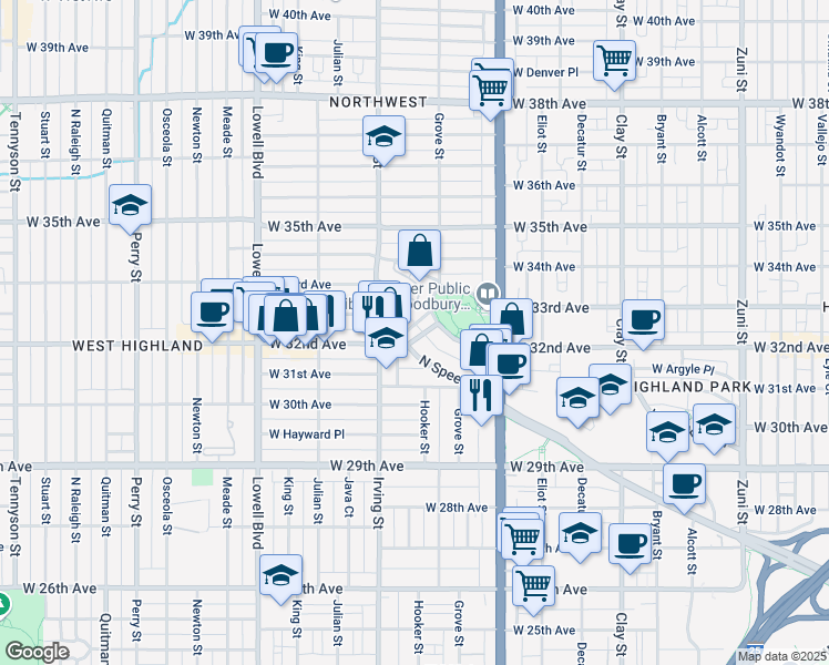 map of restaurants, bars, coffee shops, grocery stores, and more near 3198 Speer Boulevard in Denver