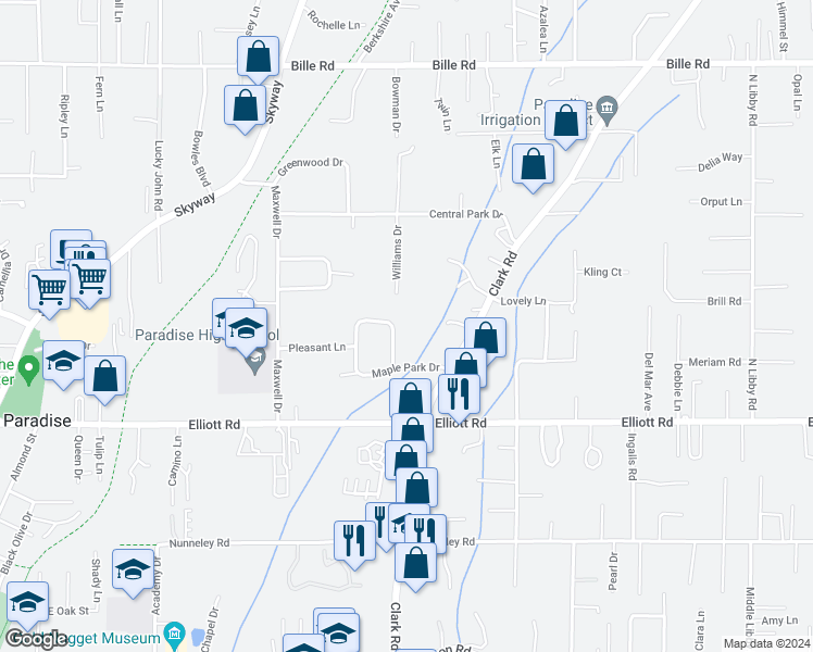 map of restaurants, bars, coffee shops, grocery stores, and more near 1002 Maple Park Drive in Paradise
