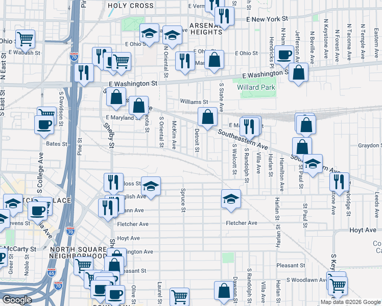 map of restaurants, bars, coffee shops, grocery stores, and more near 1511 Bates Street in Indianapolis