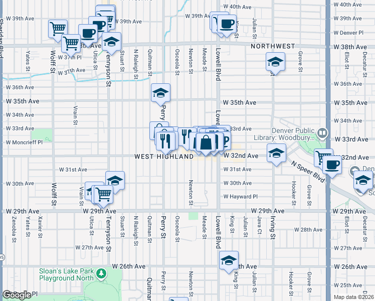 map of restaurants, bars, coffee shops, grocery stores, and more near in Denver