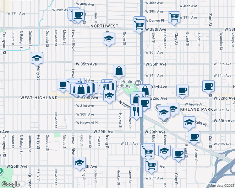 map of restaurants, bars, coffee shops, grocery stores, and more near 3198 Speer Boulevard in Denver
