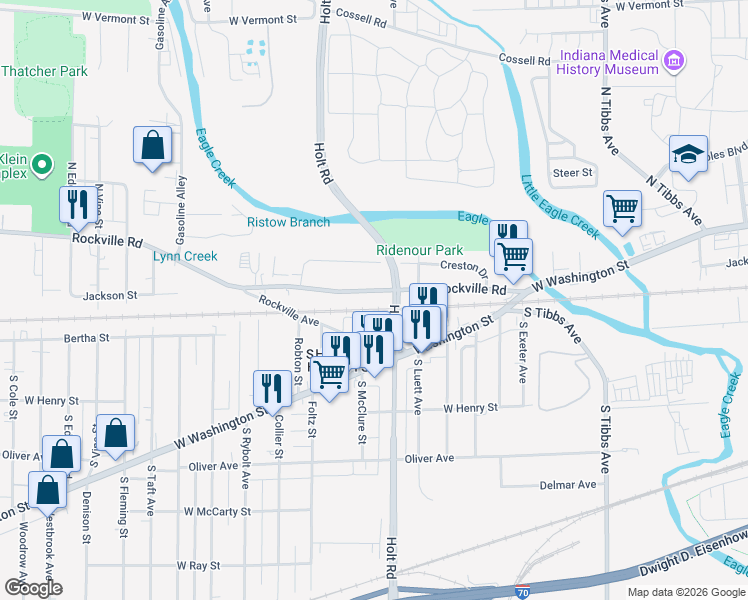map of restaurants, bars, coffee shops, grocery stores, and more near 3838 Rockville Avenue in Indianapolis