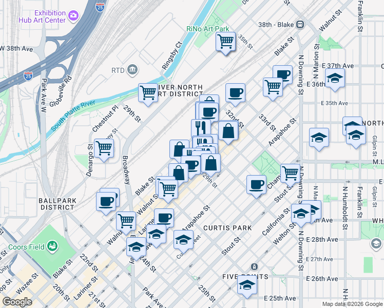 map of restaurants, bars, coffee shops, grocery stores, and more near 2900 Walnut Street in Denver