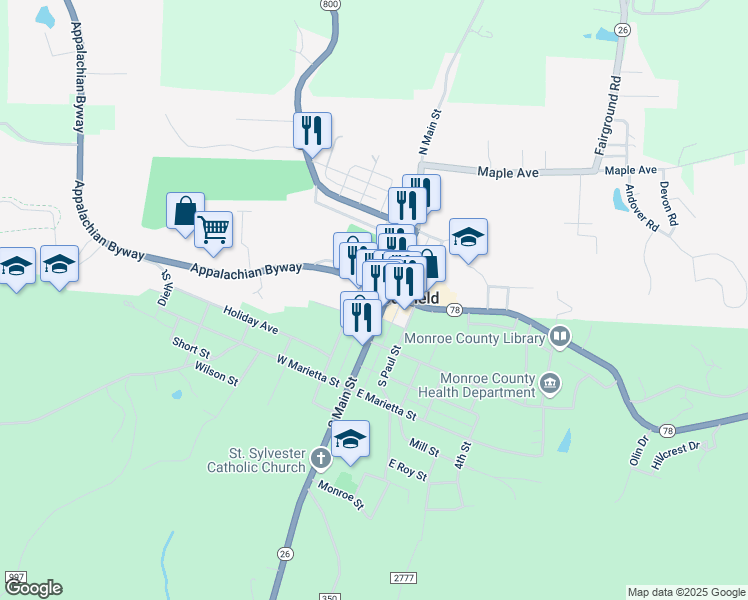 map of restaurants, bars, coffee shops, grocery stores, and more near 117 South Main Street in Woodsfield