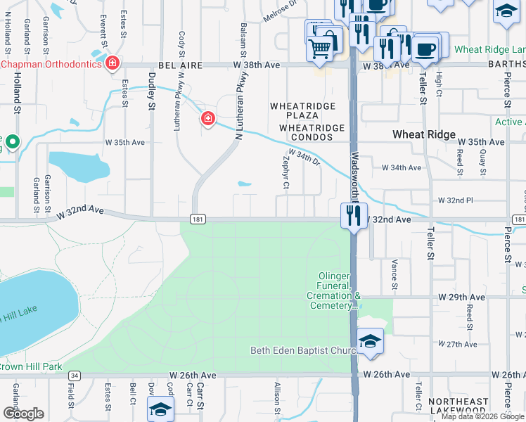 map of restaurants, bars, coffee shops, grocery stores, and more near 8075 West 32nd Avenue in Wheat Ridge