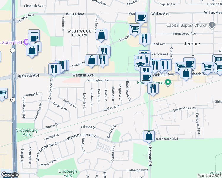 map of restaurants, bars, coffee shops, grocery stores, and more near 29 Marian Lane in Springfield