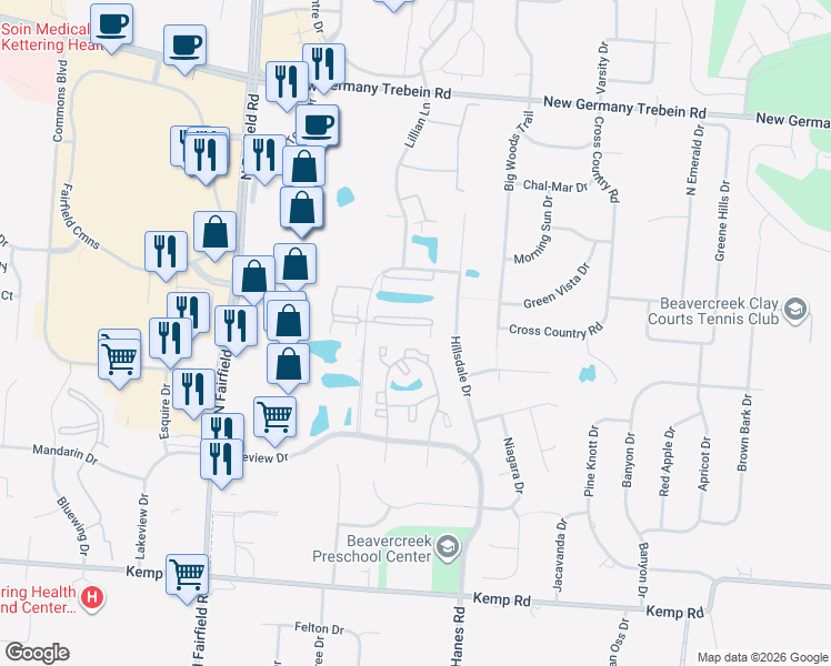 map of restaurants, bars, coffee shops, grocery stores, and more near 2498 Heather Glen Drive in Dayton