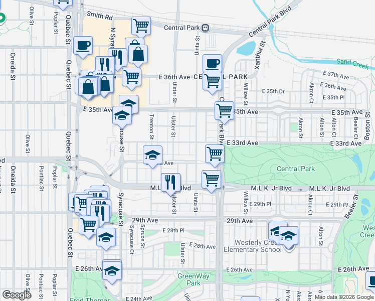 map of restaurants, bars, coffee shops, grocery stores, and more near 8159 East 32nd Avenue in Denver