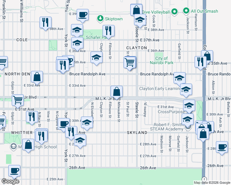 map of restaurants, bars, coffee shops, grocery stores, and more near 3200 Fillmore Street in Denver