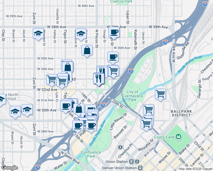map of restaurants, bars, coffee shops, grocery stores, and more near 3203 Navajo Street in Denver