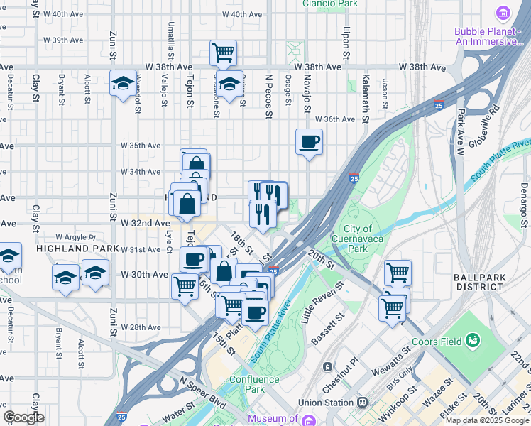 map of restaurants, bars, coffee shops, grocery stores, and more near in Denver