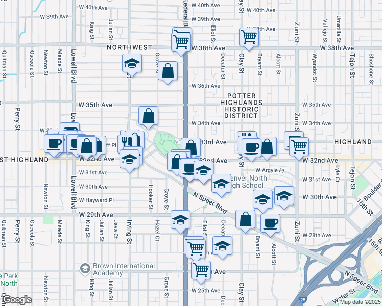 map of restaurants, bars, coffee shops, grocery stores, and more near in Denver