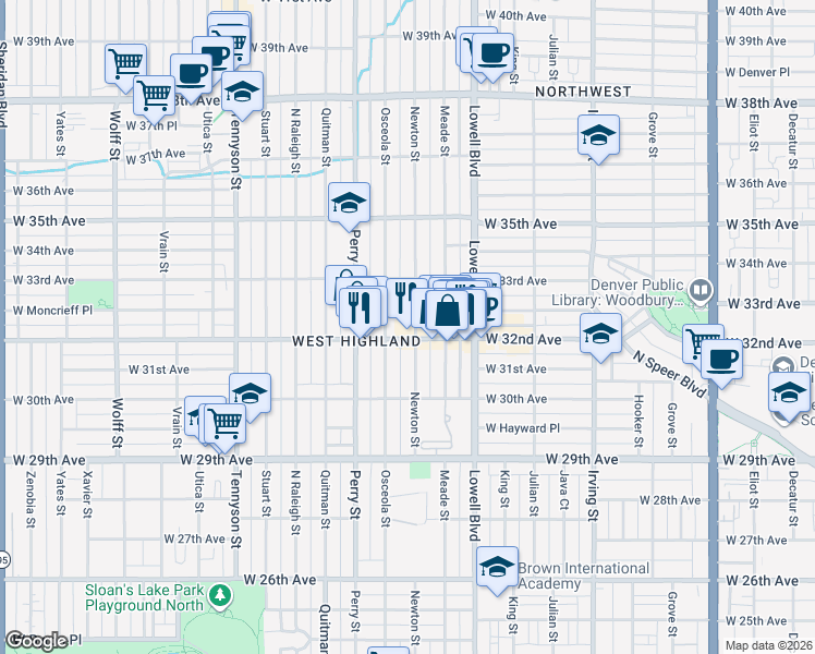 map of restaurants, bars, coffee shops, grocery stores, and more near in Denver