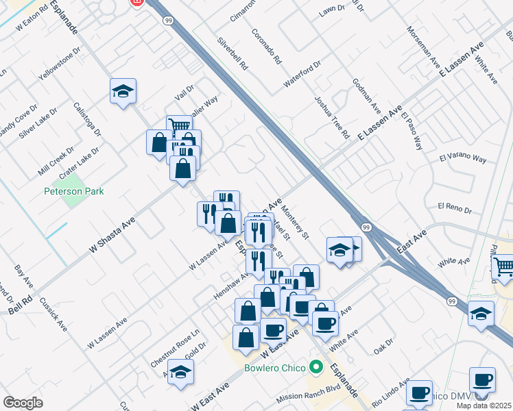 map of restaurants, bars, coffee shops, grocery stores, and more near 6 Santos Way in Chico